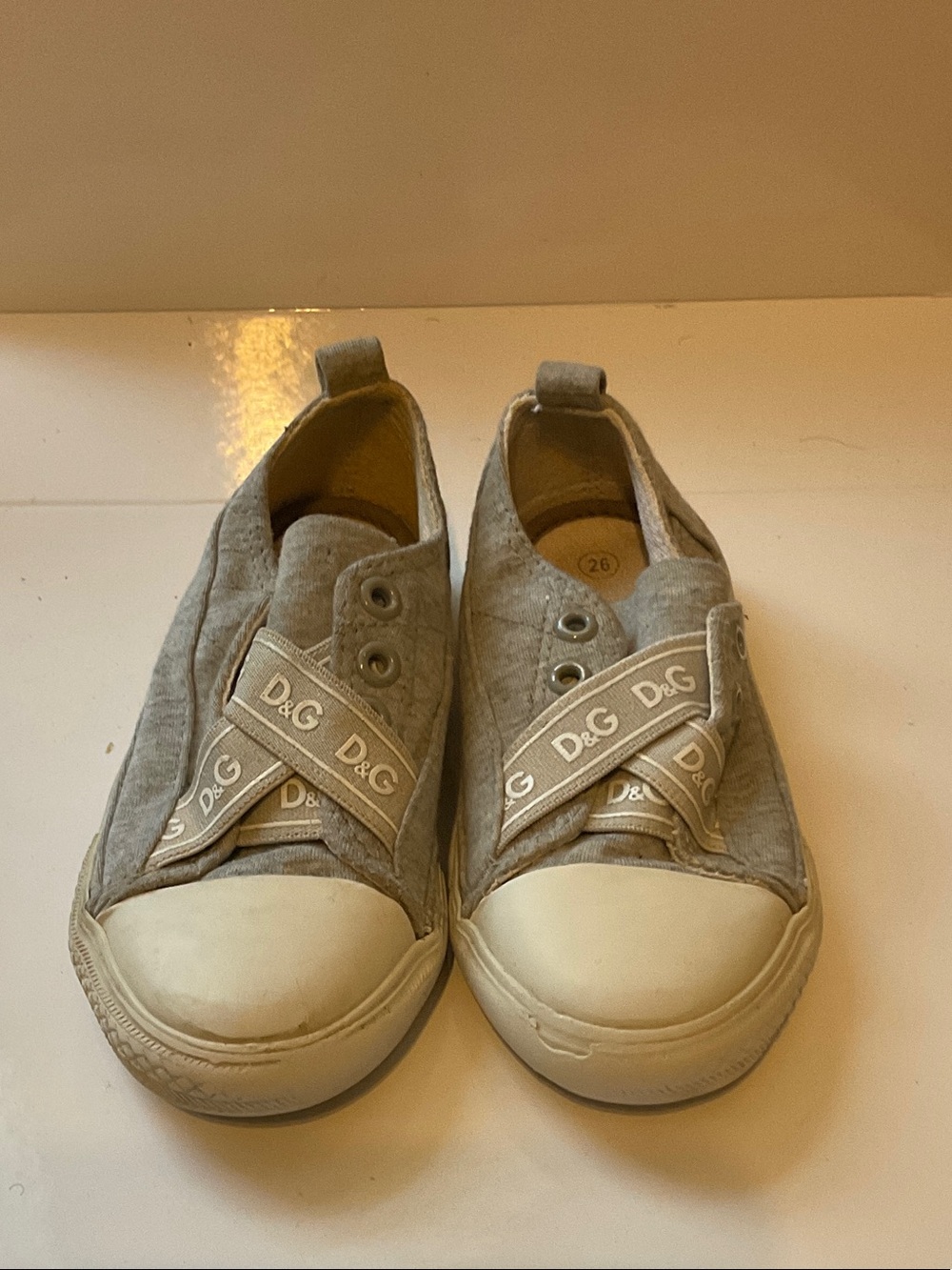 D&G Kids Light Gray Canvas Slip-On Sneakers with Branded Straps